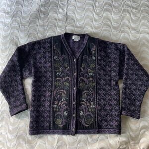 Cherry Lewis Vintage 100% Wool Cardigan Sweater Purple Floral Made in England LG